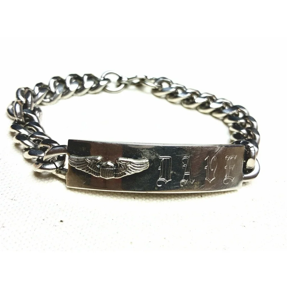 Vintage Crest Craft Nickel Silver ID Bracelet Eagle Engraved Curb Chain Military